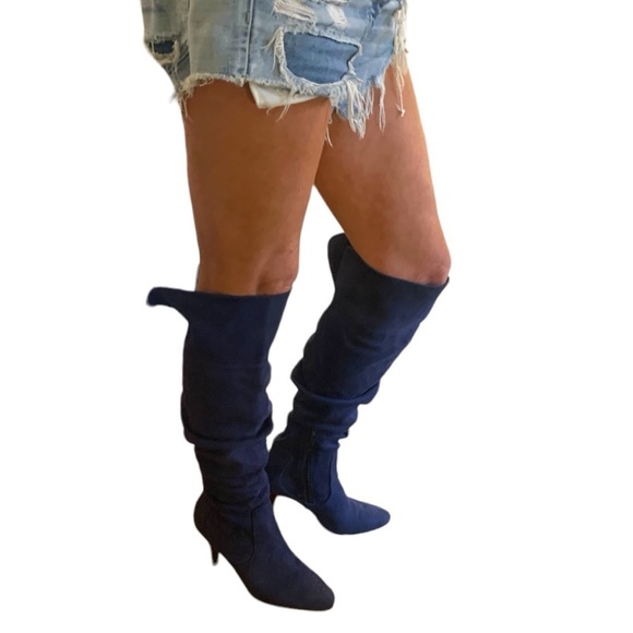 Navy blue slouchy knee high faux suede boots pointed toe like new 8 - Picture 4 of 13